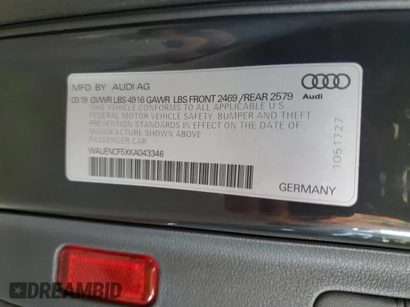 ✅ 2019 Audi A5 Sportback Premium Plus • VIN: WAUENCF5XKA043346 • Лот: 61856343. Опубліковано раніше на Copart з пробігом 26 208 миль. Безкоштовний доступ до архіву аукціонних продажів зі США та докладний звіт про історію автомобіля на DreamBid. Зображення 12.