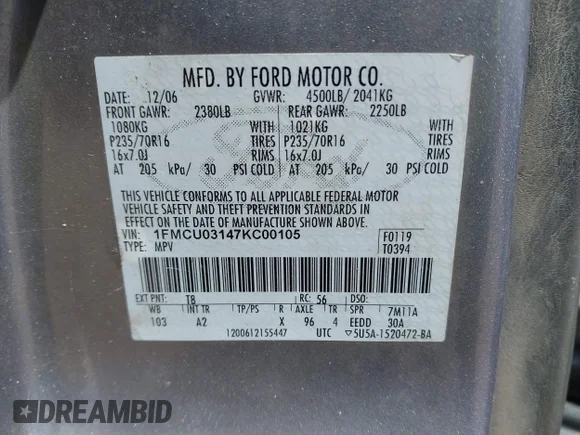 ✅ 2007 Ford Escape XLT • VIN: 1FMCU03147KC00105 • Лот: 45296848. Опубликован ранее на IAAI с пробегом 191 868 миль. Бесплатный доступ к архиву аукционных продаж из США и подробный отчёт об истории автомобиля на DreamBid. Изображение 9.