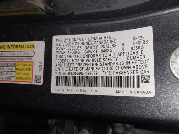 ✅ 2022 Honda Civic Sport • VIN: 2HGFE2F59NH599379 • Lot: 44581701. Wystawiony na IAAI z przebiegiem Nie podano. Bezpłatny archiwum sprzedaży aukcyjnych z USA i szczegółowy raport historii pojazdu na DreamBid. Zdjęcie 9.