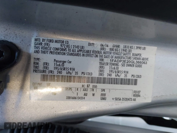 ✅ 2016 Ford Focus S • VIN: 1FADP3E20GL366063 • Лот: 44180951. Опубликован ранее на IAAI с пробегом 134 814 миль. Бесплатный доступ к архиву аукционных продаж из США и подробный отчёт об истории автомобиля на DreamBid. Изображение 9.