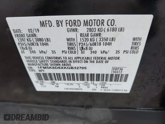 ✅ 2019 Ford Explorer XLT • VIN: 1FM5K8D8XKGB32705 • Lot: 44890138. Listed on IAAI with 118,622 mi. Free auction sales archive from the USA and detailed vehicle history report at DreamBid. Image 9.