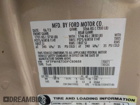 ✅ 2013 Ford F-150 Platinum • VIN: 1FTFW1ET3DFC93655 • Lot: 43436205. Wystawiony na IAAI z przebiegiem 217 733 mil. Bezpłatny archiwum sprzedaży aukcyjnych z USA i szczegółowy raport historii pojazdu na DreamBid. Zdjęcie 9.