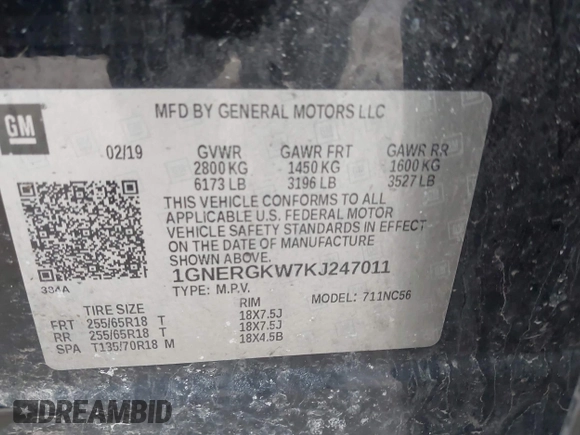 ✅ 2019 Chevrolet Traverse LT Cloth • VIN: 1GNERGKW7KJ247011 • Lot: 44143558. Wystawiony na IAAI z przebiegiem 206 913 mil. Bezpłatny archiwum sprzedaży aukcyjnych z USA i szczegółowy raport historii pojazdu na DreamBid. Zdjęcie 9.