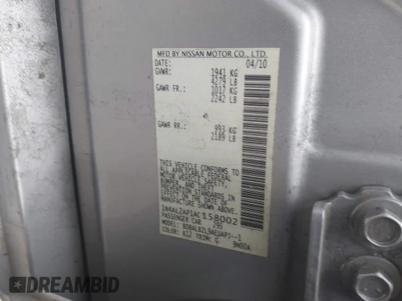 ✅ 2010 Nissan Altima S • VIN: 1N4AL2AP1AC158002 • Lot: 44980025. Listed on IAAI with Not provided. Free auction sales archive from the USA and detailed vehicle history report at DreamBid. Image 9.