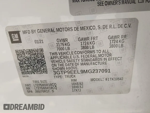 ✅ 2021 GMC Sierra 1500 AT4 • VIN: 3GTP9EEL9MG237091 • Lot: 43461568. Wystawiony na IAAI z przebiegiem 46 609 mil. Bezpłatny archiwum sprzedaży aukcyjnych z USA i szczegółowy raport historii pojazdu na DreamBid. Zdjęcie 9.