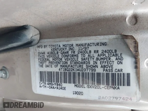 ✅ 1998 Toyota Camry LE • VIN: 4T1BG22K1WU237799 • Lot: 44514831. Wystawiony na IAAI z przebiegiem 243 228 mil. Bezpłatny archiwum sprzedaży aukcyjnych z USA i szczegółowy raport historii pojazdu na DreamBid. Zdjęcie 9.