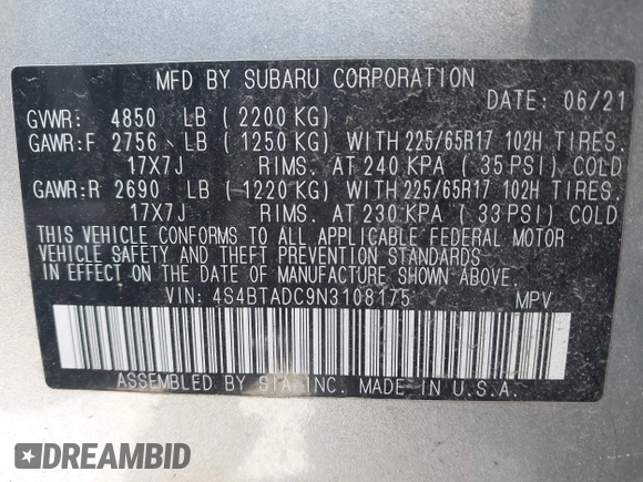 ✅ 2022 Subaru Outback Premium • VIN: 4S4BTADC9N3108175 • Lot: 43630343. Wystawiony na IAAI z przebiegiem 84 977 mil. Bezpłatny archiwum sprzedaży aukcyjnych z USA i szczegółowy raport historii pojazdu na DreamBid. Zdjęcie 9.