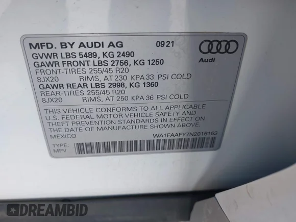 ✅ 2022 Audi Q5 S line Prestige • VIN: WA1FAAFY7N2016163 • Lot: 43814369. Wystawiony na IAAI z przebiegiem 39 859 mil. Bezpłatny archiwum sprzedaży aukcyjnych z USA i szczegółowy raport historii pojazdu na DreamBid. Zdjęcie 9.