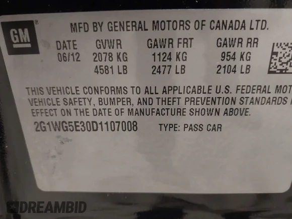 ✅ 2013 Chevrolet Impala LT • VIN: 2G1WG5E30D1107008 • Lot: 44293205. Listed on IAAI with 143,501 mi. Free auction sales archive from the USA and detailed vehicle history report at DreamBid. Image 9.