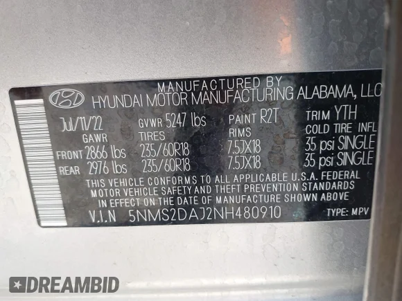 ✅ 2022 Hyundai Santa Fe SEL • VIN: 5NMS2DAJ2NH480910 • Лот: 45465128. Опубліковано раніше на IAAI з пробігом 35 705 миль. Безкоштовний доступ до архіву аукціонних продажів зі США та докладний звіт про історію автомобіля на DreamBid. Зображення 9.