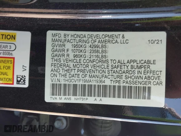 ✅ 2021 Honda Accord LX • VIN: 1HGCV1F19MA119364 • Лот: 45261783. Опубликован ранее на IAAI с пробегом 60 310 миль. Бесплатный доступ к архиву аукционных продаж из США и подробный отчёт об истории автомобиля на DreamBid. Изображение 9.