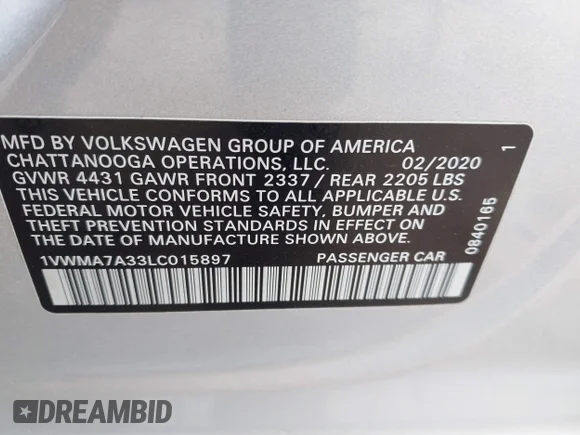✅ 2020 Volkswagen Passat R-Line • VIN: 1VWMA7A33LC015897 • Lot: 44931439. Listed on IAAI with 119,409 mi. Free auction sales archive from the USA and detailed vehicle history report at DreamBid. Image 9.