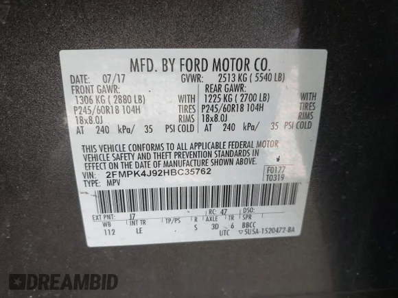 ✅ 2017 Ford Edge SEL • VIN: 2FMPK4J92HBC35762 • Лот: 45003720. Опубліковано раніше на IAAI з пробігом 131 527 миль. Безкоштовний доступ до архіву аукціонних продажів зі США та докладний звіт про історію автомобіля на DreamBid. Зображення 9.