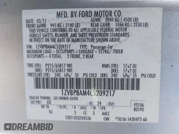 ✅ 2012 Ford Mustang V6 • VIN: 1ZVBP8AM4C5209217 • Lot: 45301737. Listed on IAAI with 181,029 mi. Free auction sales archive from the USA and detailed vehicle history report at DreamBid. Image 9.