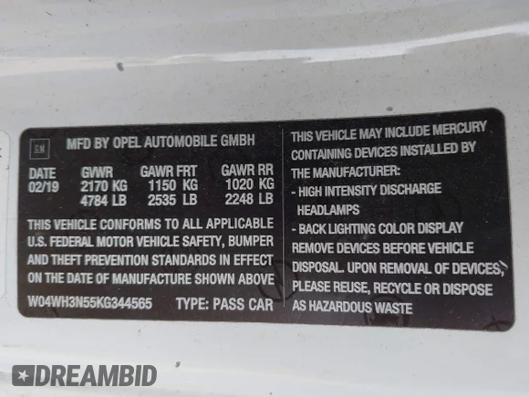 ✅ 2019 Buick Cascada Premium • VIN: W04WH3N55KG344565 • Lot: 42414931. Listed on IAAI with 97,752 mi. Free auction sales archive from the USA and detailed vehicle history report at DreamBid. Image 9.
