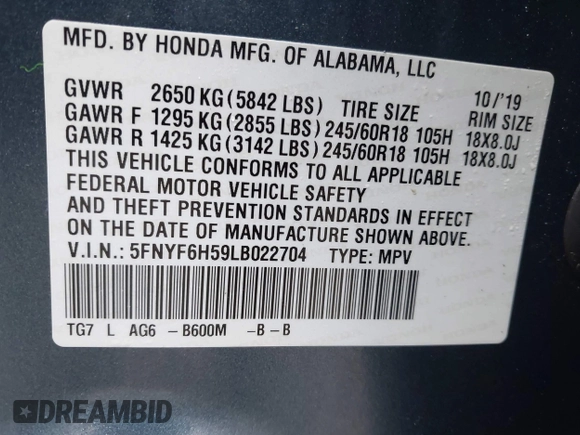 ✅ 2020 Honda Pilot EX-L • VIN: 5FNYF6H59LB022704 • Lot: 44519520. Wystawiony na IAAI z przebiegiem 22 110 mil. Bezpłatny archiwum sprzedaży aukcyjnych z USA i szczegółowy raport historii pojazdu na DreamBid. Zdjęcie 9.
