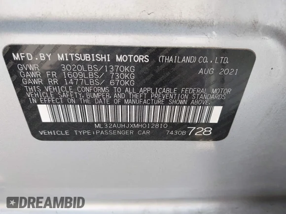 ✅ 2021 Mitsubishi Mirage ES • VIN: ML32AUHJXMH012810 • Лот: 42761980. Опубліковано раніше на IAAI з пробігом 61 077 миль. Безкоштовний доступ до архіву аукціонних продажів зі США та докладний звіт про історію автомобіля на DreamBid. Зображення 9.