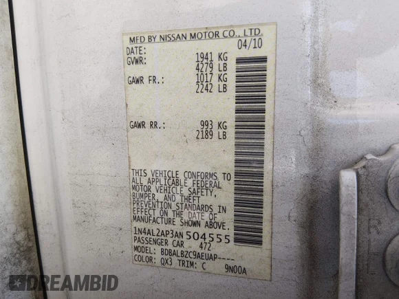 ✅ 2010 Nissan Altima SL • VIN: 1N4AL2AP3AN504555 • Lot: 45238514. Listed on IAAI with 303,806 mi. Free auction sales archive from the USA and detailed vehicle history report at DreamBid. Image 9.