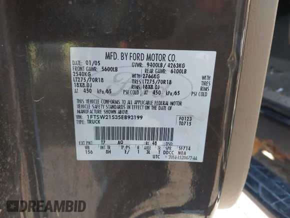 ✅ 2005 Ford F-250 XL • VIN: 1FTSW21535EB93199 • Лот: 43089648. Опубліковано раніше на IAAI з пробігом 153 977 миль. Безкоштовний доступ до архіву аукціонних продажів зі США та докладний звіт про історію автомобіля на DreamBid. Зображення 9.