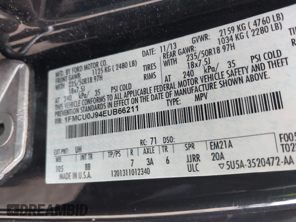 ✅ 2014 Ford Escape Titanium • VIN: 1FMCU0J94EUB66211 • Lot: 43329556. Listed on IAAI with Not provided. Free auction sales archive from the USA and detailed vehicle history report at DreamBid. Image 9.