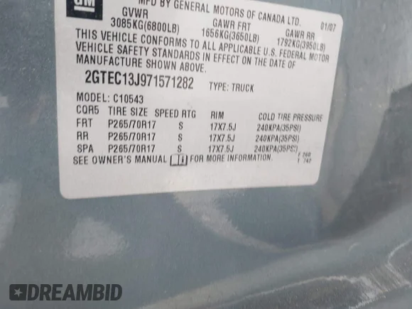 ✅ 2007 GMC Sierra 1500 SLE1 • VIN: 2GTEC13J971571282 • Lot: 41980128. Wystawiony na IAAI z przebiegiem 221 024 mil. Bezpłatny archiwum sprzedaży aukcyjnych z USA i szczegółowy raport historii pojazdu na DreamBid. Zdjęcie 9.