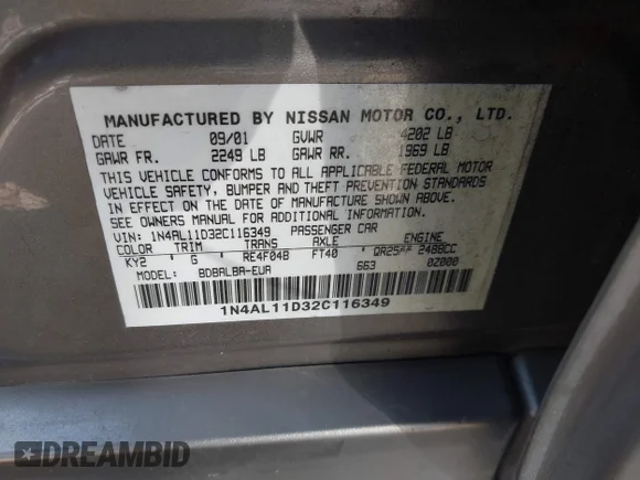 ✅ 2002 Nissan Altima S • VIN: 1N4AL11D32C116349 • Lot: 43106126. Wystawiony na IAAI z przebiegiem 245 683 mil. Bezpłatny archiwum sprzedaży aukcyjnych z USA i szczegółowy raport historii pojazdu na DreamBid. Zdjęcie 9.