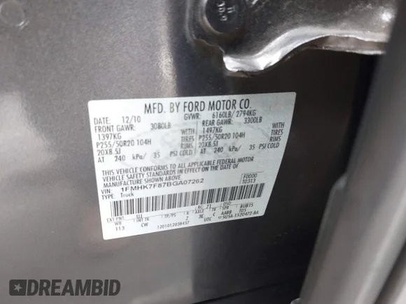 ✅ 2011 Ford Explorer Limited • VIN: 1FMHK7F87BGA07262 • Lot: 45204953. Listed on IAAI with 163,262 mi. Free auction sales archive from the USA and detailed vehicle history report at DreamBid. Image 9.