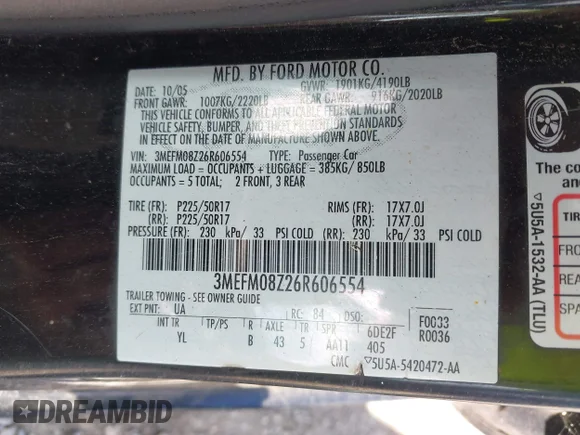 ✅ 2006 Mercury Milan Premier • VIN: 3MEFM08Z26R606554 • Lot: 43205250. Listed on IAAI with 203,702 mi. Free auction sales archive from the USA and detailed vehicle history report at DreamBid. Image 9.