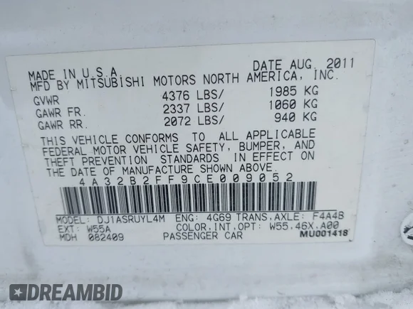 ✅ 2012 Mitsubishi Galant FE • VIN: 4A32B2FF9CE009052 • Lot: 44270601. Listed on IAAI with 101,360 mi. Free auction sales archive from the USA and detailed vehicle history report at DreamBid. Image 9.