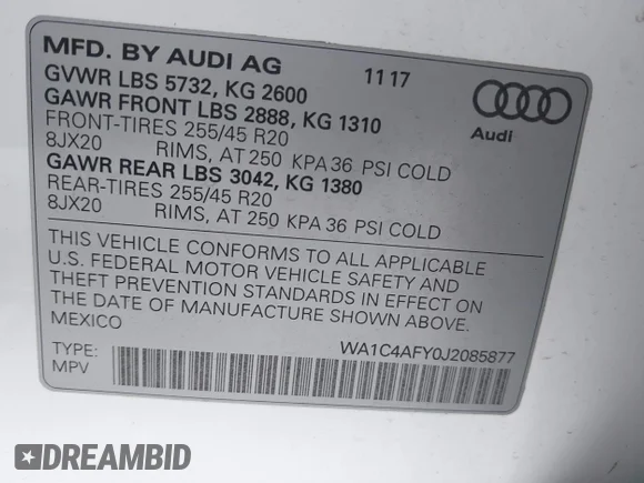 ✅ 2018 Audi SQ5 Prestige • VIN: WA1C4AFY0J2085877 • Лот: 42959802. Опубліковано раніше на IAAI з пробігом 80 546 миль. Безкоштовний доступ до архіву аукціонних продажів зі США та докладний звіт про історію автомобіля на DreamBid. Зображення 9.