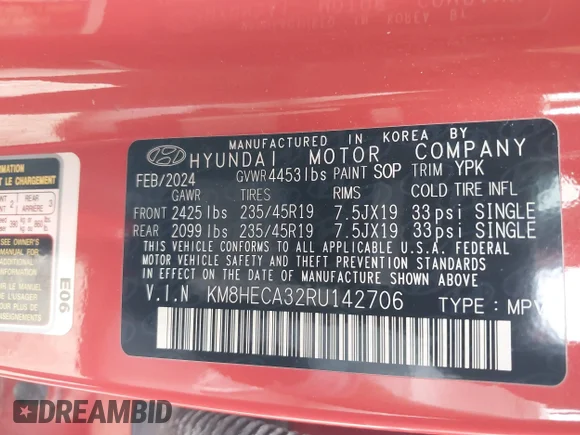 ✅ 2024 Hyundai Kona Limited • VIN: KM8HECA32RU142706 • Lot: 44362939. Wystawiony na IAAI z przebiegiem 37 245 mil. Bezpłatny archiwum sprzedaży aukcyjnych z USA i szczegółowy raport historii pojazdu na DreamBid. Zdjęcie 9.