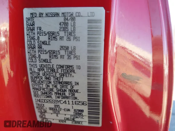 ✅ 2000 Nissan Frontier XE • VIN: 1N6DD26S9YC411656 • Лот: 44185900. Опубликован ранее на IAAI с пробегом 247 435 миль. Бесплатный доступ к архиву аукционных продаж из США и подробный отчёт об истории автомобиля на DreamBid. Изображение 9.