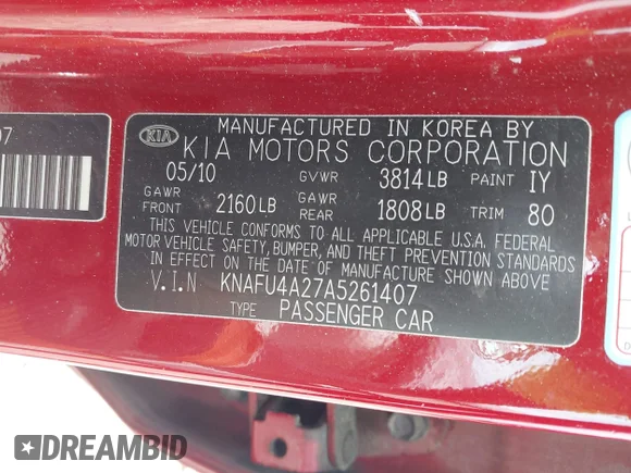 ✅ 2010 Kia Forte EX • VIN: KNAFU4A27A5261407 • Lot: 45230631. Listed on IAAI with 118,618 mi. Free auction sales archive from the USA and detailed vehicle history report at DreamBid. Image 9.