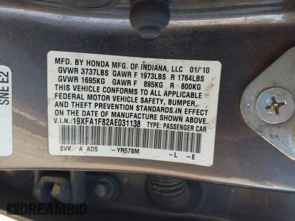 ✅ 2010 Honda Civic EX • VIN: 19XFA1F82AE031138 • Lot: 44925503. Wystawiony na IAAI z przebiegiem 187 555 mil. Bezpłatny archiwum sprzedaży aukcyjnych z USA i szczegółowy raport historii pojazdu na DreamBid. Zdjęcie 9.