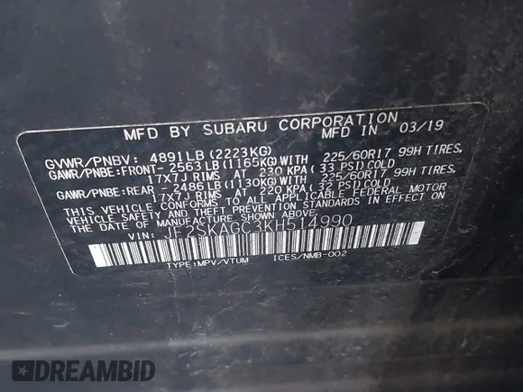 ✅ 2019 Subaru Forester Premium • VIN: JF2SKAGC3KH514990 • Лот: 45412518. Опубликован ранее на IAAI с пробегом 52 418 миль. Бесплатный доступ к архиву аукционных продаж из США и подробный отчёт об истории автомобиля на DreamBid. Изображение 9.