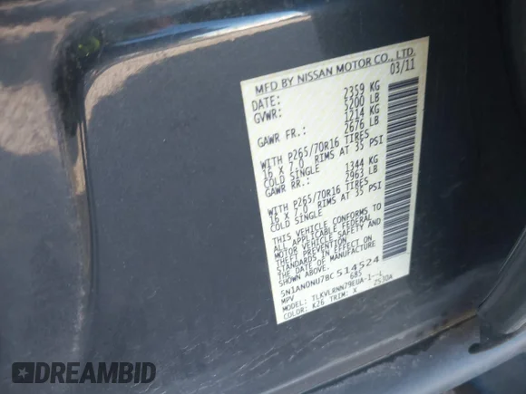 ✅ 2011 Nissan Xterra X • VIN: 5N1AN0NU7BC514524 • Lot: 43623819. Wystawiony na IAAI z przebiegiem 69 180 mil. Bezpłatny archiwum sprzedaży aukcyjnych z USA i szczegółowy raport historii pojazdu na DreamBid. Zdjęcie 9.