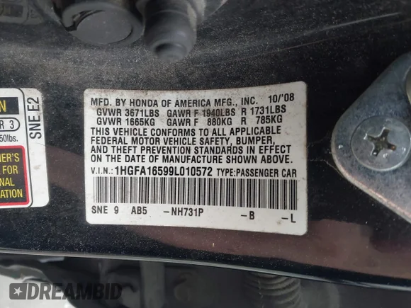 ✅ 2009 Honda Civic LX • VIN: 1HGFA16599L010572 • Lot: 44583116. Wystawiony na IAAI z przebiegiem 167 527 mil. Bezpłatny archiwum sprzedaży aukcyjnych z USA i szczegółowy raport historii pojazdu na DreamBid. Zdjęcie 9.