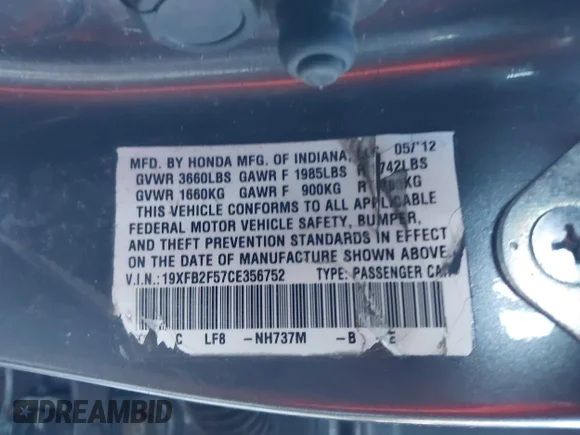 ✅ 2012 Honda Civic LX • VIN: 19XFB2F57CE356752 • Lot: 44260600. Listed on IAAI with 155,249 mi. Free auction sales archive from the USA and detailed vehicle history report at DreamBid. Image 9.