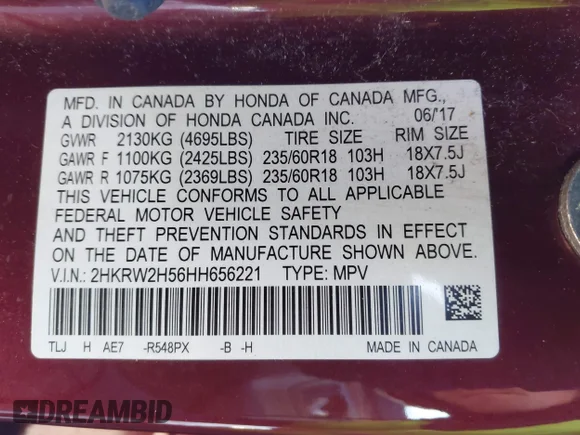 ✅ 2017 Honda CR-V EX • VIN: 2HKRW2H56HH656221 • Lot: 44619150. Listed on IAAI with 147,606 mi. Free auction sales archive from the USA and detailed vehicle history report at DreamBid. Image 9.