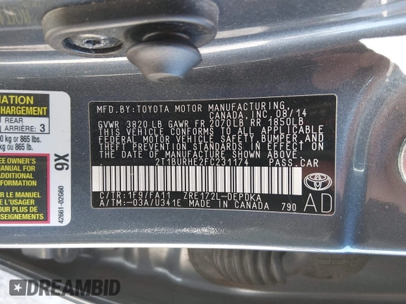 ✅ 2015 Toyota Corolla L • VIN: 2T1BURHE2FC231174 • Lot: 44913734. Wystawiony na IAAI z przebiegiem 159 871 mil. Bezpłatny archiwum sprzedaży aukcyjnych z USA i szczegółowy raport historii pojazdu na DreamBid. Zdjęcie 9.