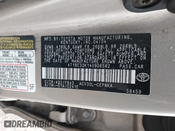✅ 2004 Toyota Camry LE • VIN: 4T1BE32K14U906582 • Lot: 44499690. Wystawiony na IAAI z przebiegiem 247 896 mil. Bezpłatny archiwum sprzedaży aukcyjnych z USA i szczegółowy raport historii pojazdu na DreamBid. Zdjęcie 9.