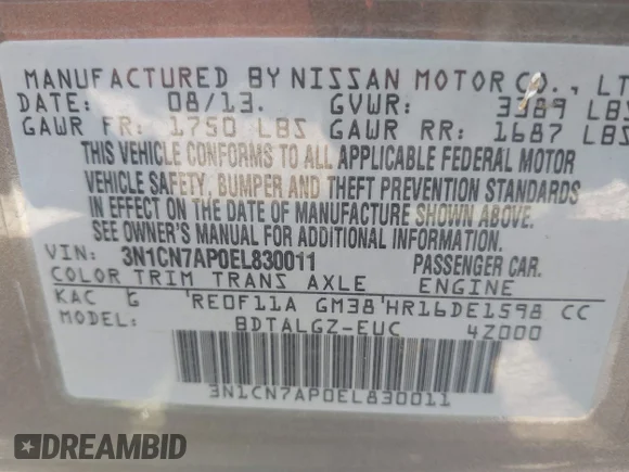 ✅ 2014 Nissan Versa S • VIN: 3N1CN7AP0EL830011 • Lot: 43221821. Wystawiony na IAAI z przebiegiem 106 229 mil. Bezpłatny archiwum sprzedaży aukcyjnych z USA i szczegółowy raport historii pojazdu na DreamBid. Zdjęcie 9.
