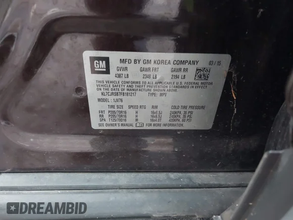 ✅ 2015 Chevrolet Trax LT • VIN: KL7CJRSB7FB181217 • Lot: 44159941. Listed on IAAI with 187,044 mi. Free auction sales archive from the USA and detailed vehicle history report at DreamBid. Image 9.