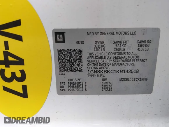 ✅ 2019 Chevrolet Tahoe LT • VIN: 1GNSKBKC1KR143518 • Lot: 44827107. Wystawiony na IAAI z przebiegiem 74 970 mil. Bezpłatny archiwum sprzedaży aukcyjnych z USA i szczegółowy raport historii pojazdu na DreamBid. Zdjęcie 9.