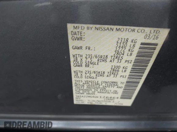 ✅ 2016 Nissan Murano SL • VIN: 5N1AZ2MG4GN126464 • Lot: 45282648. Wystawiony na IAAI z przebiegiem 140 021 mil. Bezpłatny archiwum sprzedaży aukcyjnych z USA i szczegółowy raport historii pojazdu na DreamBid. Zdjęcie 9.