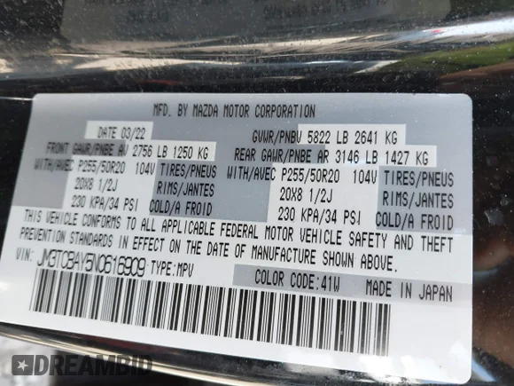 ✅ 2022 Mazda CX-9 Touring Plus • VIN: JM3TCBAY5N0616909 • Lot: 41790712. Wystawiony na IAAI z przebiegiem 33 418 mil. Bezpłatny archiwum sprzedaży aukcyjnych z USA i szczegółowy raport historii pojazdu na DreamBid. Zdjęcie 9.
