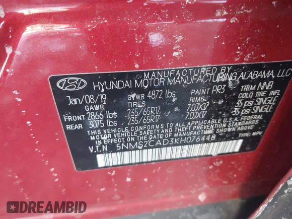 ✅ 2019 Hyundai Santa Fe SE • VIN: 5NMS2CAD3KH076448 • Lot: 44250364. Listed on IAAI with 69,428 mi. Free auction sales archive from the USA and detailed vehicle history report at DreamBid. Image 9.