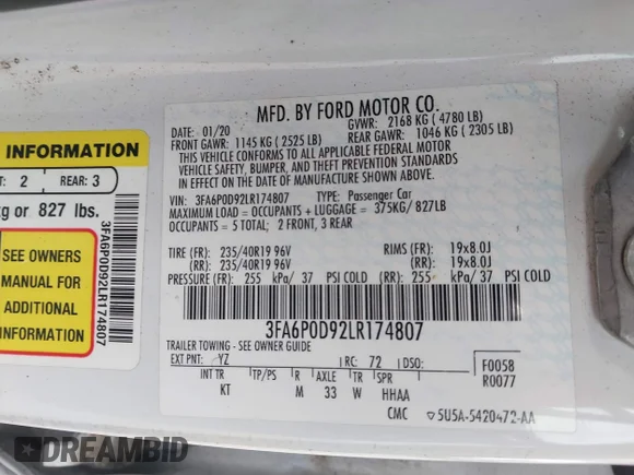 ✅ 2020 Ford Fusion Titanium • VIN: 3FA6P0D92LR174807 • Lot: 44690534. Listed on IAAI with 117,508 mi. Free auction sales archive from the USA and detailed vehicle history report at DreamBid. Image 9.
