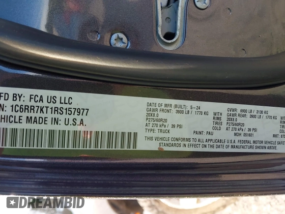 ✅ 2024 Ram 1500 Tradesman • VIN: 1C6RR7KT1RS157977 • Lot: 44630185. Wystawiony na IAAI z przebiegiem 40 980 mil. Bezpłatny archiwum sprzedaży aukcyjnych z USA i szczegółowy raport historii pojazdu na DreamBid. Zdjęcie 9.
