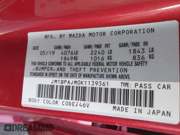✅ 2019 Mazda 3 • VIN: JM1BPAJM0K1139361 • Лот: 44070776. Опубликован ранее на IAAI с пробегом 67 368 миль. Бесплатный доступ к архиву аукционных продаж из США и подробный отчёт об истории автомобиля на DreamBid. Изображение 9.